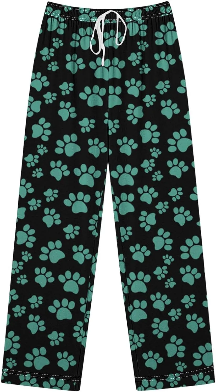 Pajamas Pants for Women's Funny Dog Paw Print High Waist Wide Leg Sweatpant Pj's Trouser with Pockets & Drawstring