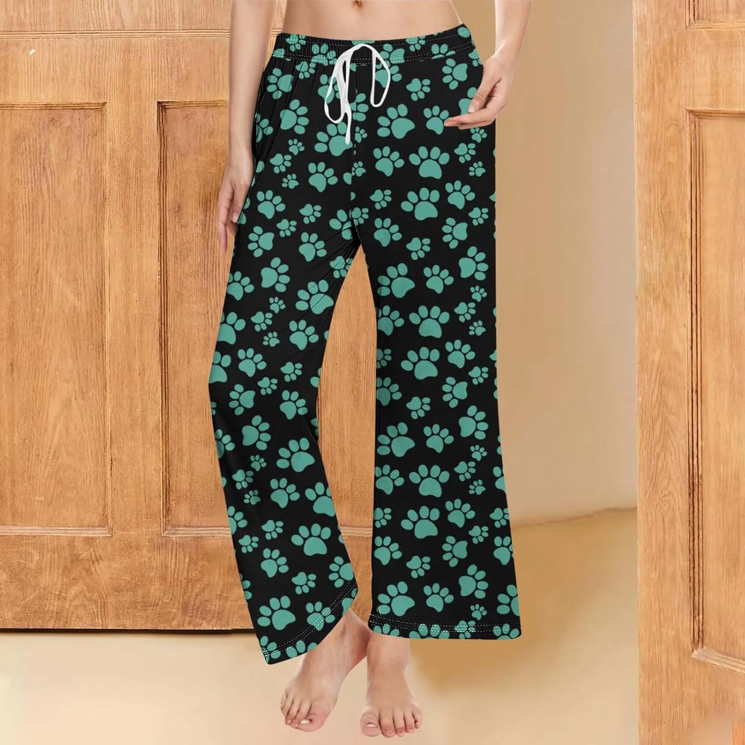 Pajamas Pants for Women's Funny Dog Paw Print High Waist Wide Leg Sweatpant Pj's Trouser with Pockets & Drawstring