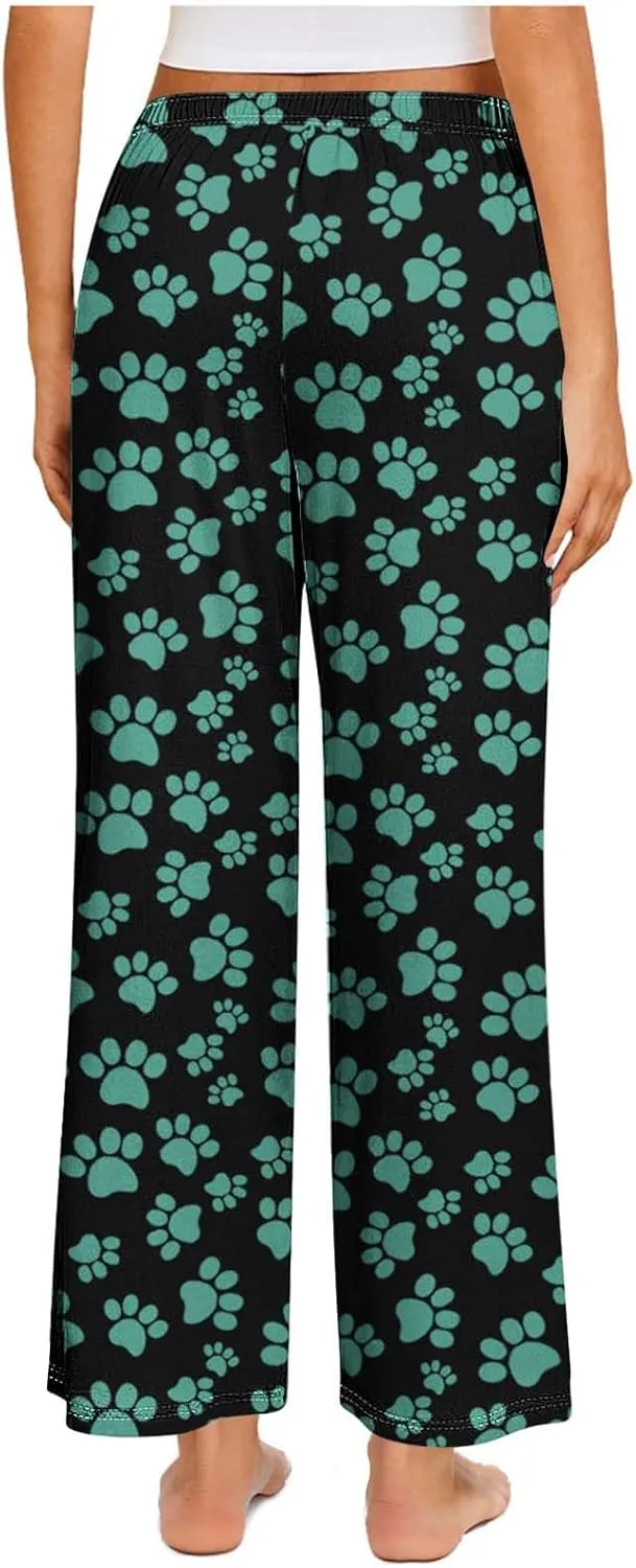 Pajamas Pants for Women's Funny Dog Paw Print High Waist Wide Leg Sweatpant Pj's Trouser with Pockets & Drawstring