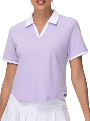 Pdbokew Women's V-Neck Polo Shirt Curved Hem Crop Tops