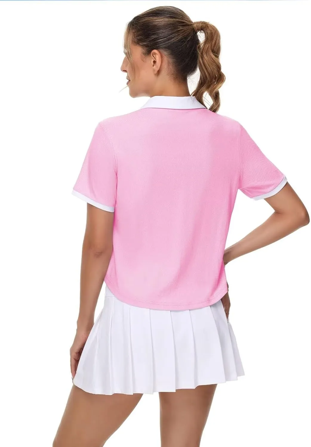 Pdbokew Women's V-Neck Polo Shirt Curved Hem Crop Tops