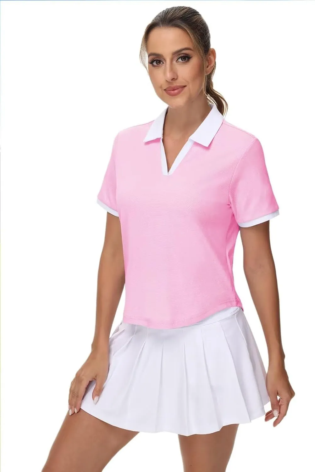 Pdbokew Women's V-Neck Polo Shirt Curved Hem Crop Tops