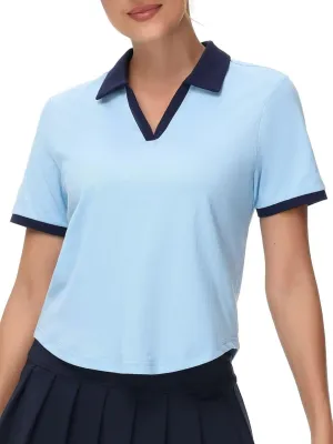 Pdbokew Women's V-Neck Polo Shirt Curved Hem Crop Tops