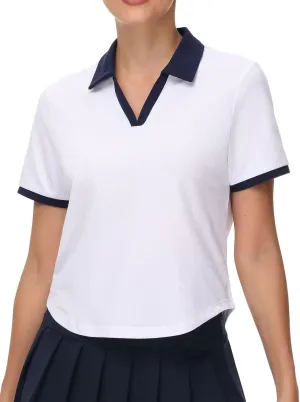 Pdbokew Women's V-Neck Polo Shirt Curved Hem Crop Tops