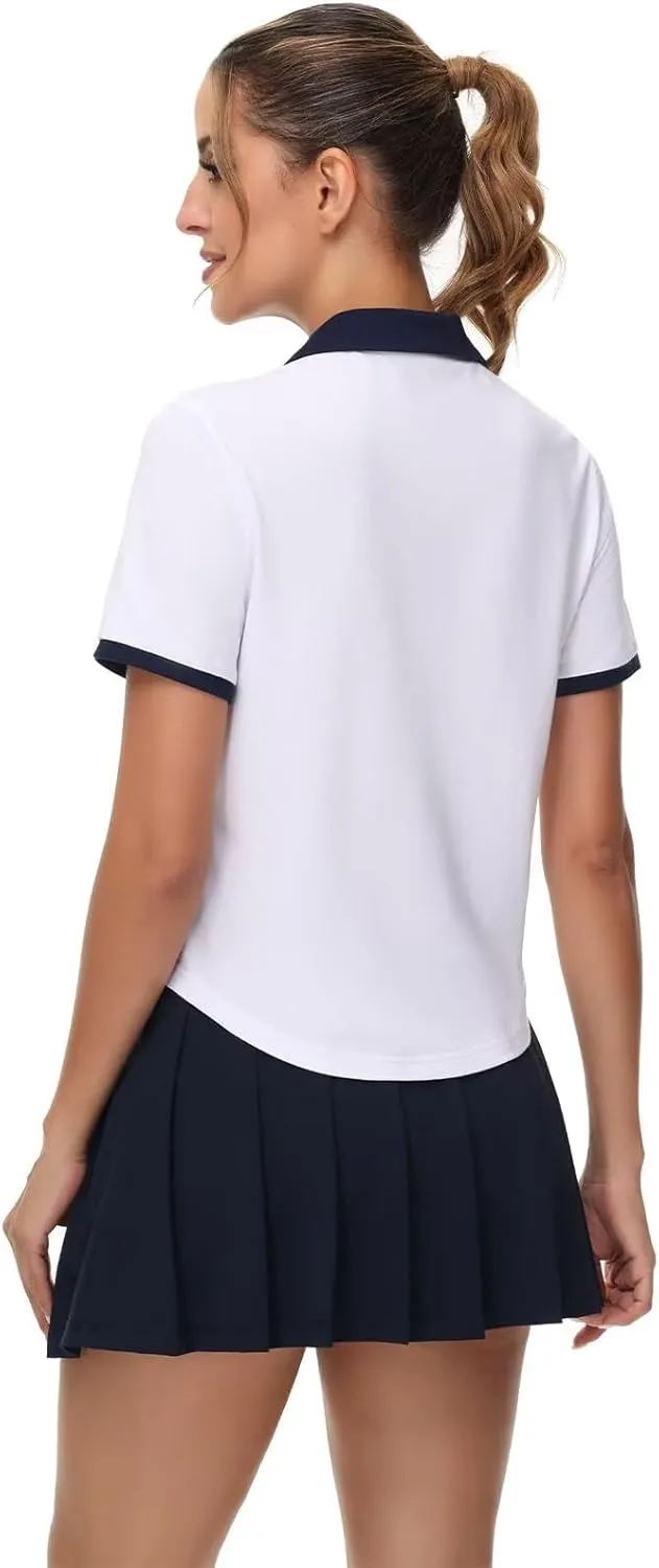 Pdbokew Women's V-Neck Polo Shirt Curved Hem Crop Tops