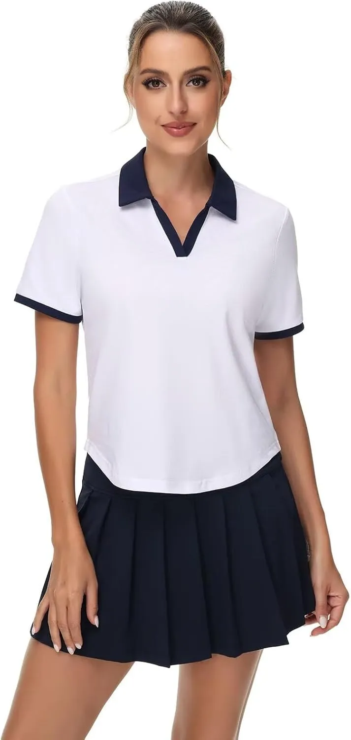 Pdbokew Women's V-Neck Polo Shirt Curved Hem Crop Tops