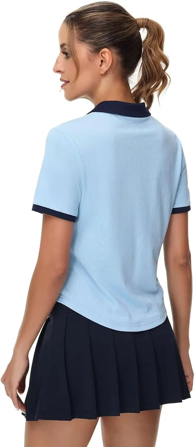 Pdbokew Women's V-Neck Polo Shirt Curved Hem Crop Tops