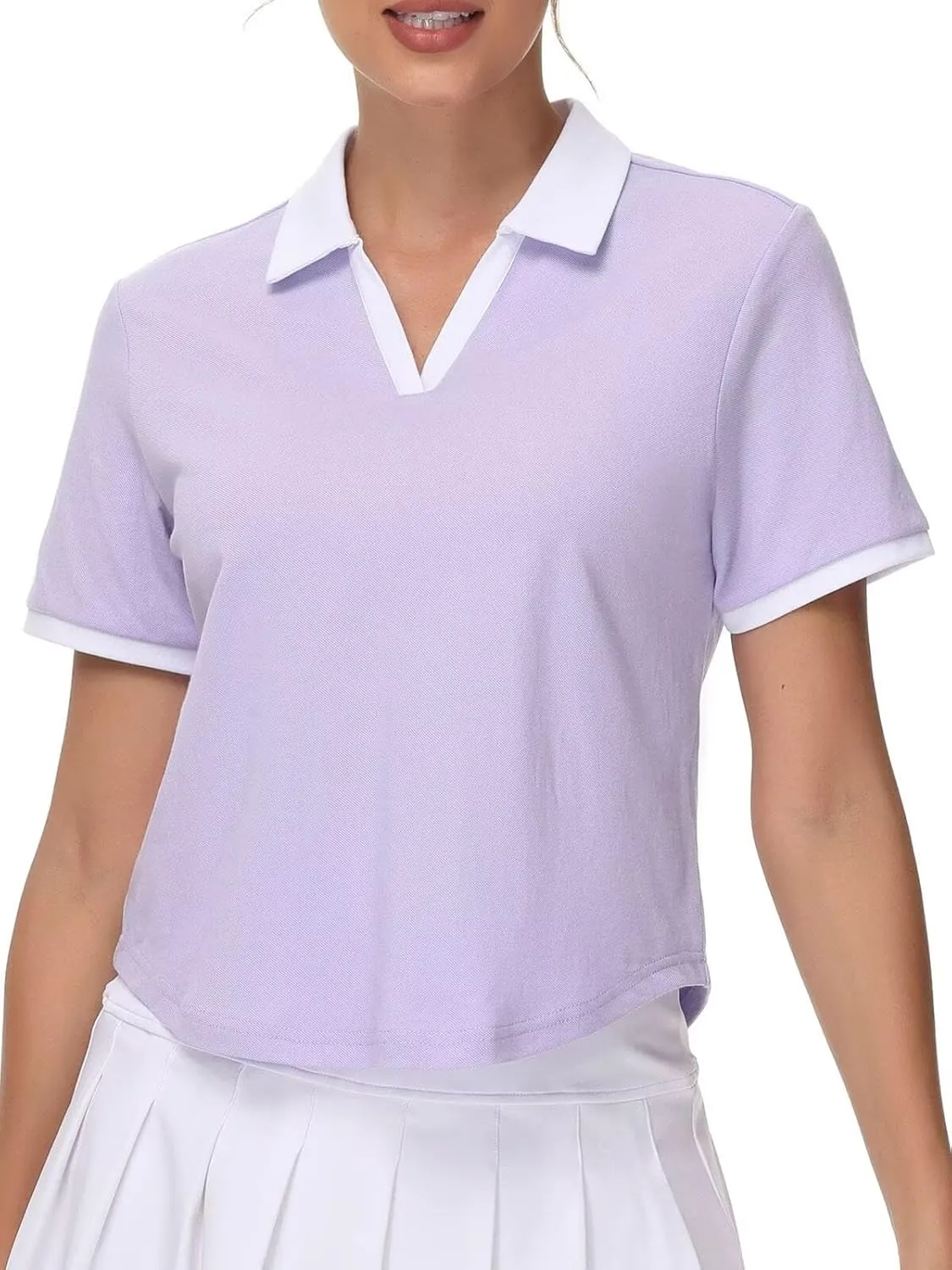 Pdbokew Women's V-Neck Polo Shirt Curved Hem Crop Tops