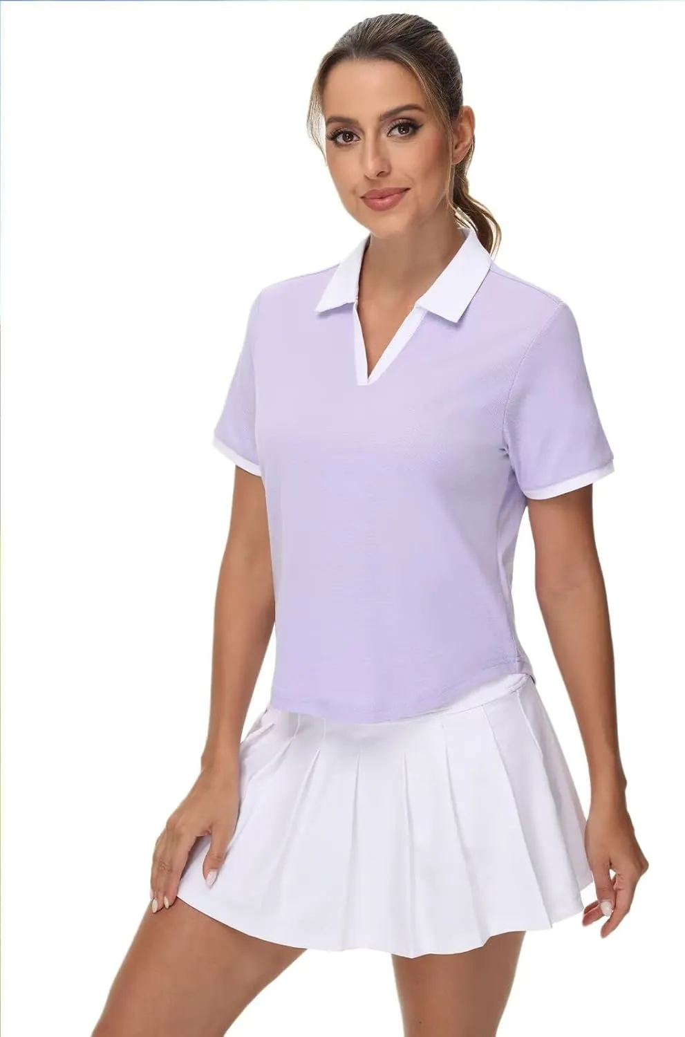 Pdbokew Women's V-Neck Polo Shirt Curved Hem Crop Tops