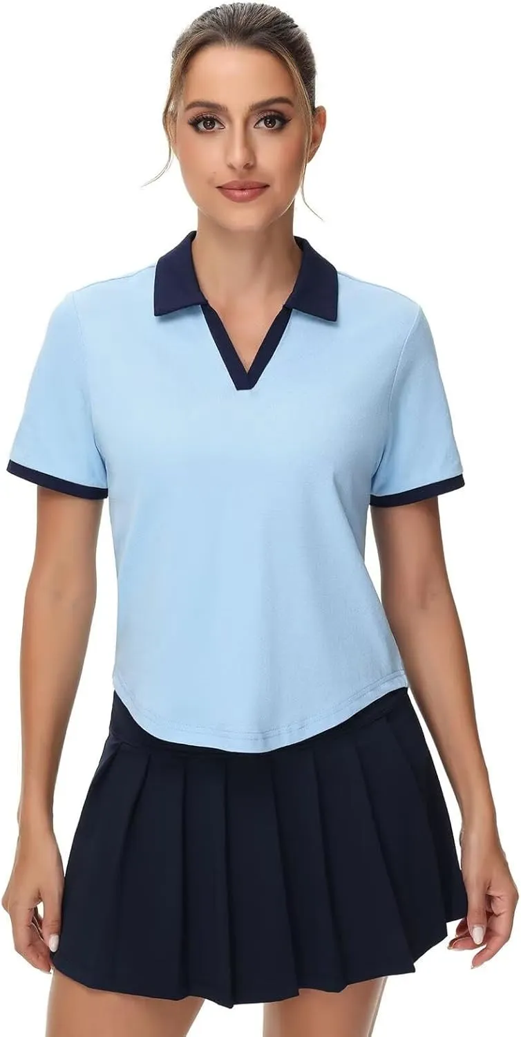Pdbokew Women's V-Neck Polo Shirt Curved Hem Crop Tops