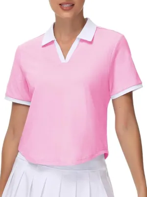 Pdbokew Women's V-Neck Polo Shirt Curved Hem Crop Tops