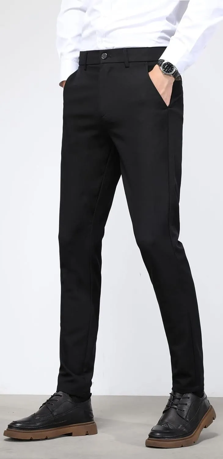 Plaid&Plain Men's 4-Way Flex Stretch Slim Fit Dress Pants