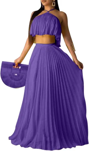 Raboolion Women's Halter Neck Sleevless Chiffon Maxi Dress Ruffle Crop Top and Flowy Pleated Skirts Sets Party Beach Sundress