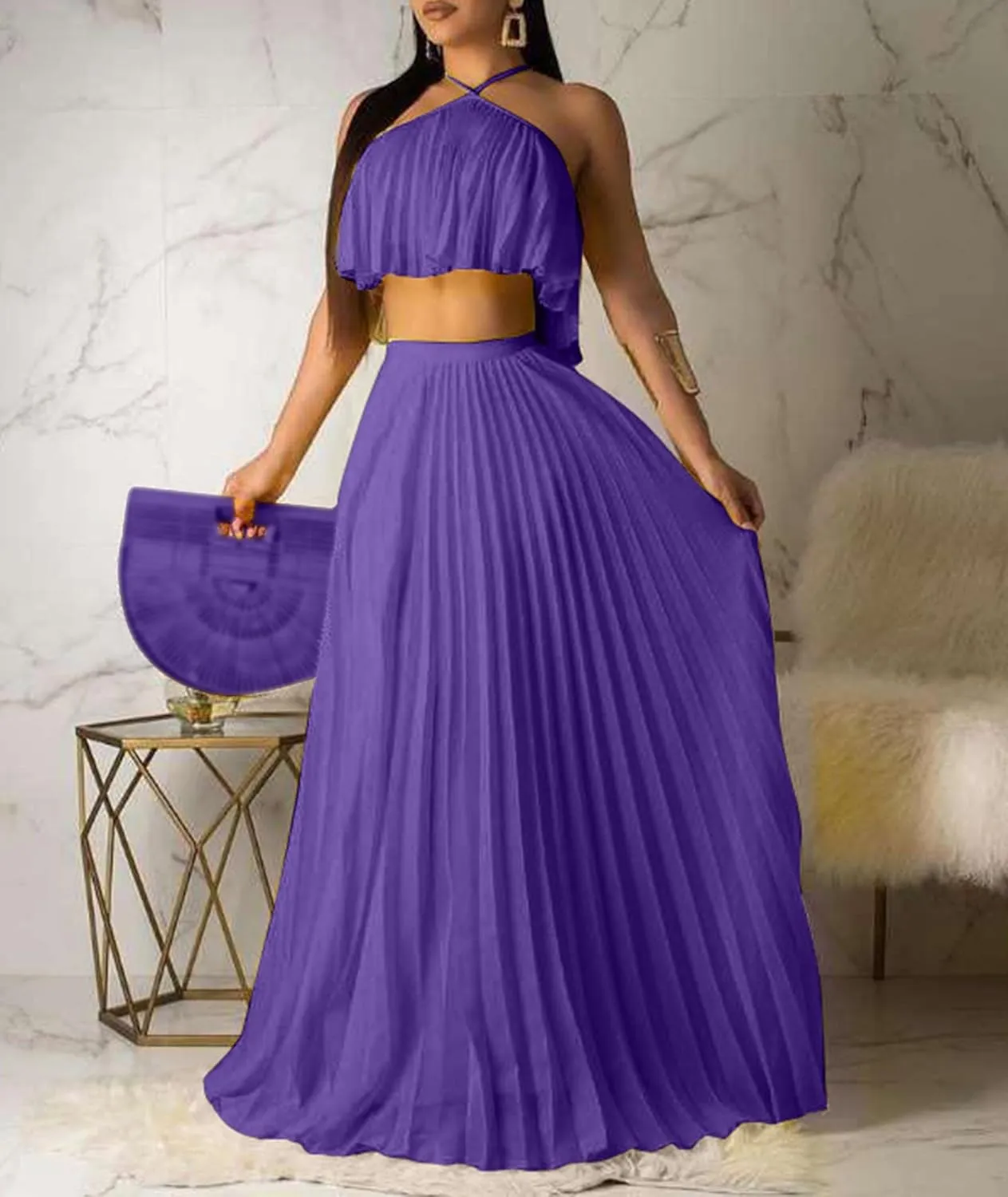 Raboolion Women's Halter Neck Sleevless Chiffon Maxi Dress Ruffle Crop Top and Flowy Pleated Skirts Sets Party Beach Sundress