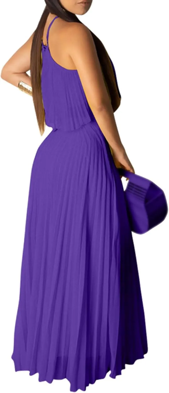 Raboolion Women's Halter Neck Sleevless Chiffon Maxi Dress Ruffle Crop Top and Flowy Pleated Skirts Sets Party Beach Sundress