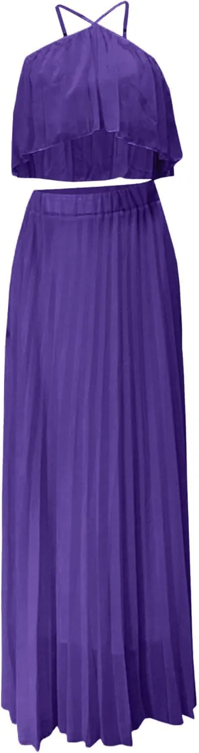 Raboolion Women's Halter Neck Sleevless Chiffon Maxi Dress Ruffle Crop Top and Flowy Pleated Skirts Sets Party Beach Sundress
