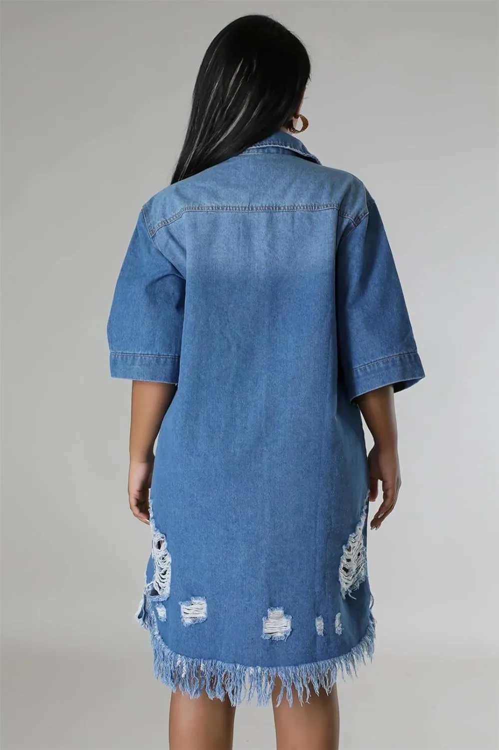 Recious Womens Sexy Half Sleeve Lapel Ripped Distressed Destroyed Button Bodycon Party Clubwear Denim Jackets Dress