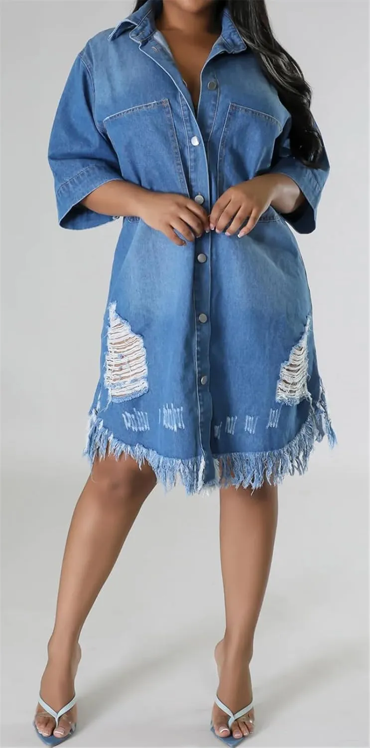 Recious Womens Sexy Half Sleeve Lapel Ripped Distressed Destroyed Button Bodycon Party Clubwear Denim Jackets Dress