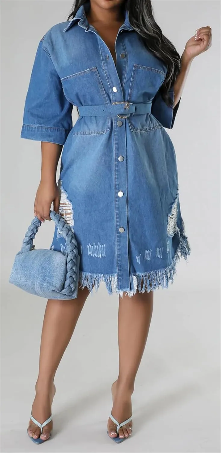Recious Womens Sexy Half Sleeve Lapel Ripped Distressed Destroyed Button Bodycon Party Clubwear Denim Jackets Dress
