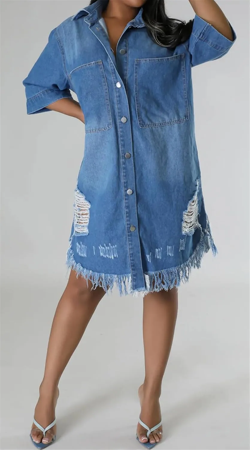 Recious Womens Sexy Half Sleeve Lapel Ripped Distressed Destroyed Button Bodycon Party Clubwear Denim Jackets Dress