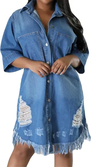 Recious Womens Sexy Half Sleeve Lapel Ripped Distressed Destroyed Button Bodycon Party Clubwear Denim Jackets Dress
