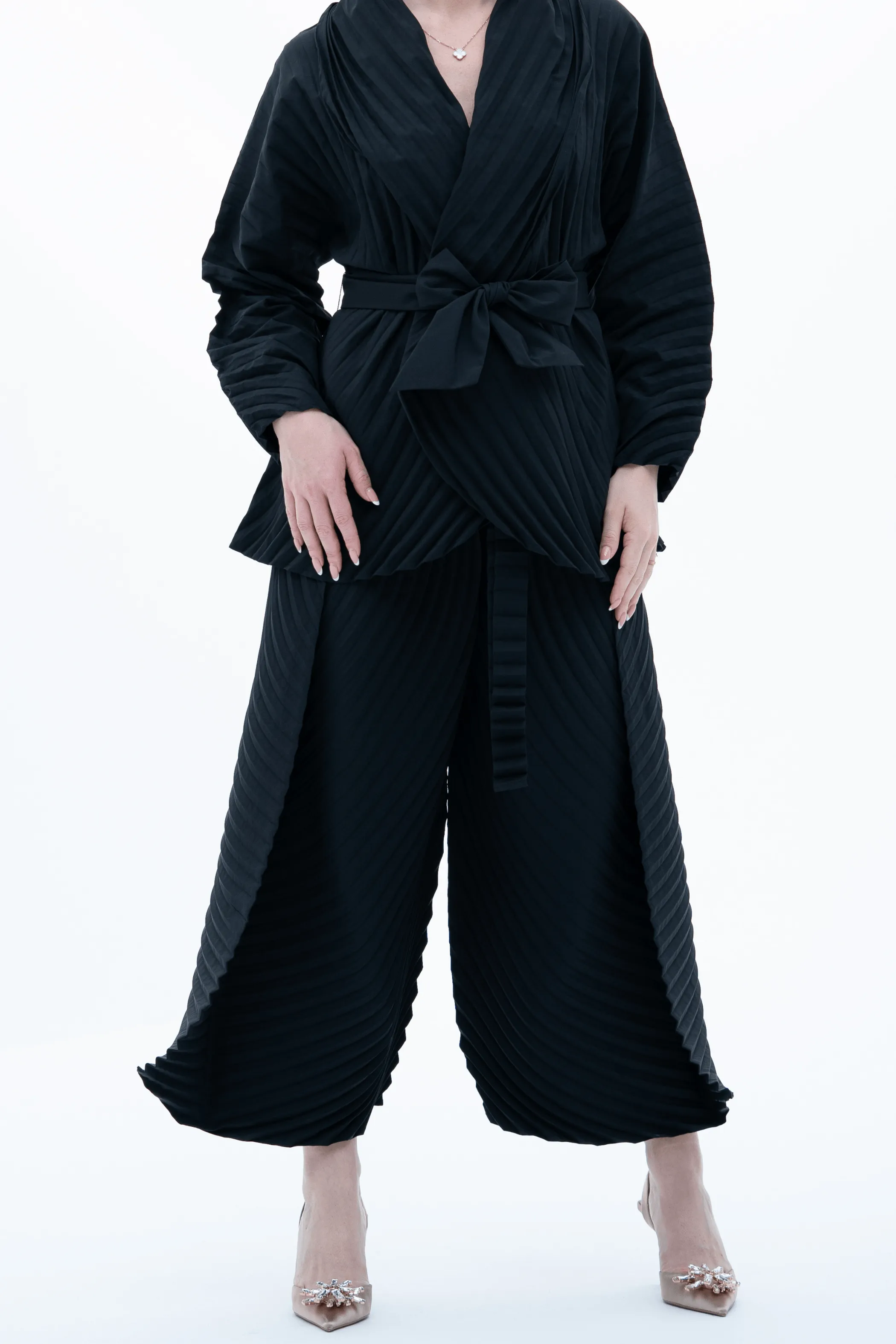 Reya Pleated Blazer Jacket With Wide Leg Pants Set