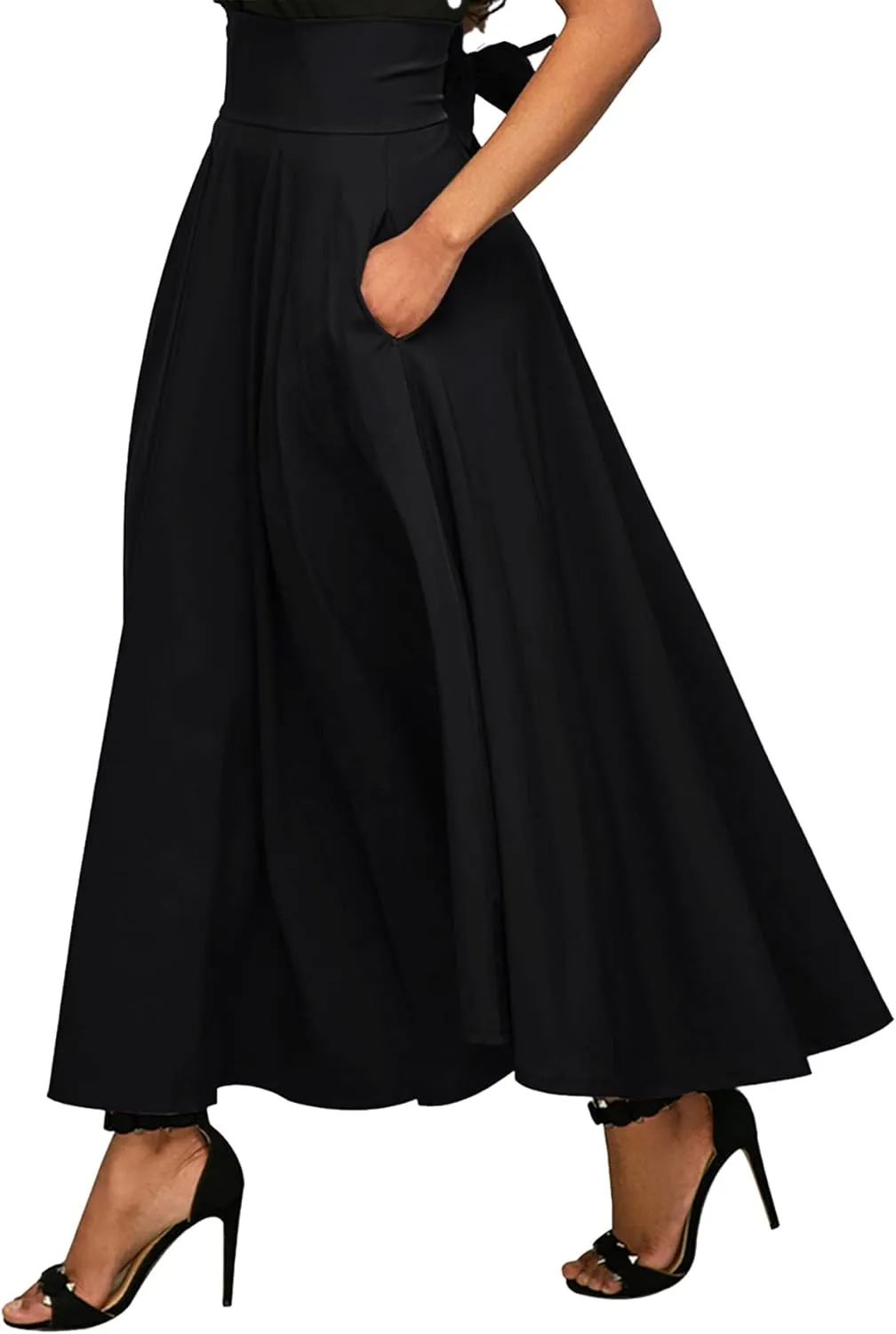 Rooscier Women's Elastic High Waist Tie Knot Back A-Line Flared with Pockets Long Skirt