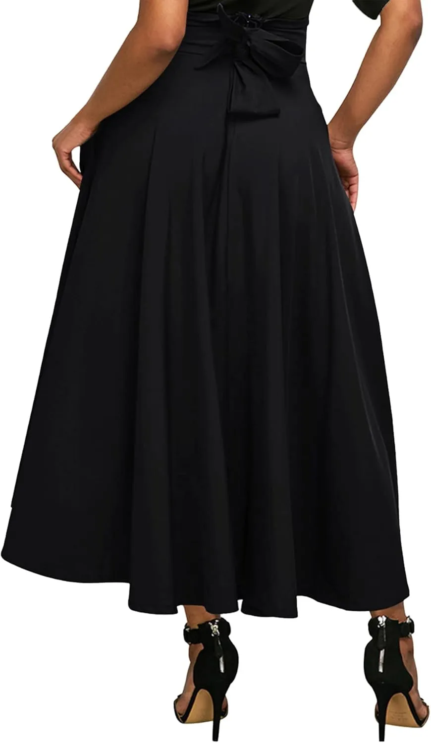 Rooscier Women's Elastic High Waist Tie Knot Back A-Line Flared with Pockets Long Skirt
