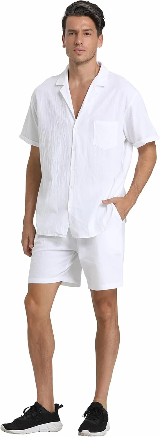 RPOVIG Linen Shirt Short Outfits:Men's Beach 2 Pieces Casual Button-Down Sets
