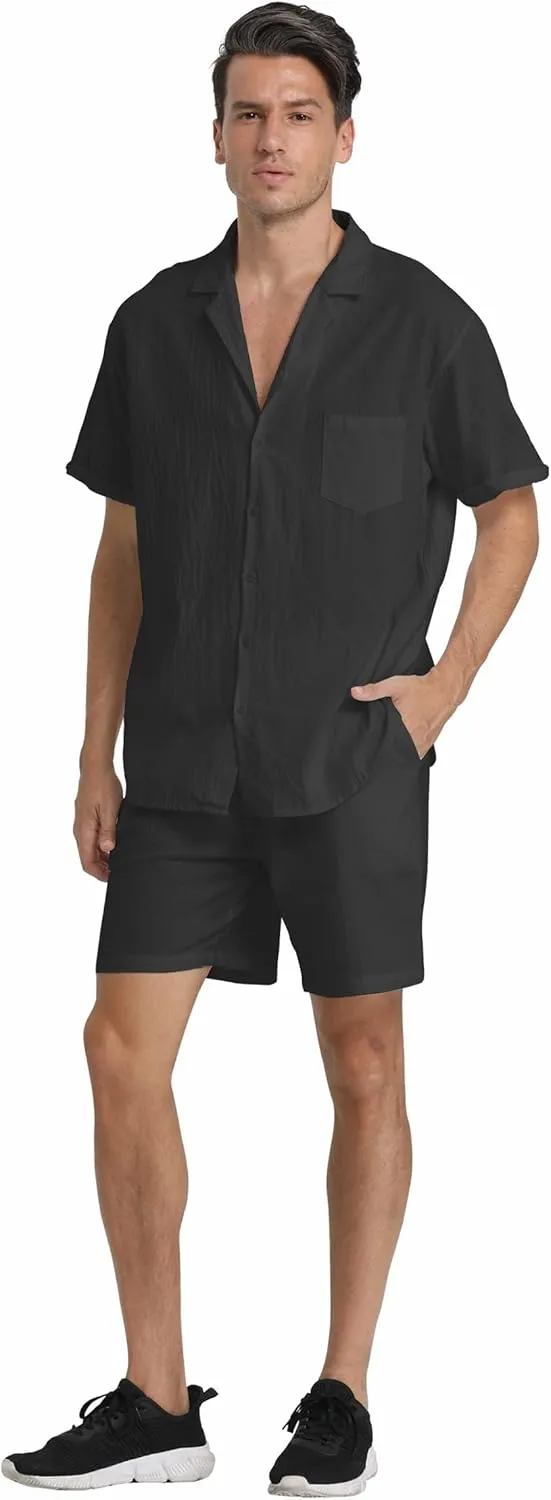 RPOVIG Linen Shirt Short Outfits:Men's Beach 2 Pieces Casual Button-Down Sets