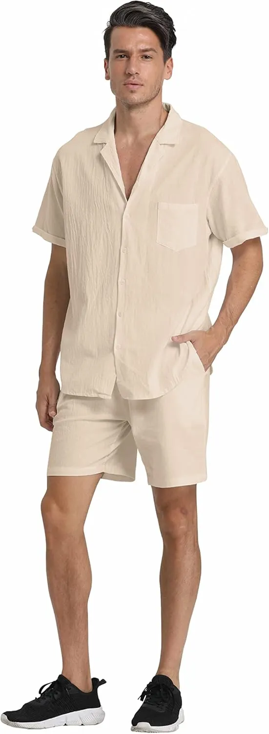 RPOVIG Linen Shirt Short Outfits:Men's Beach 2 Pieces Casual Button-Down Sets