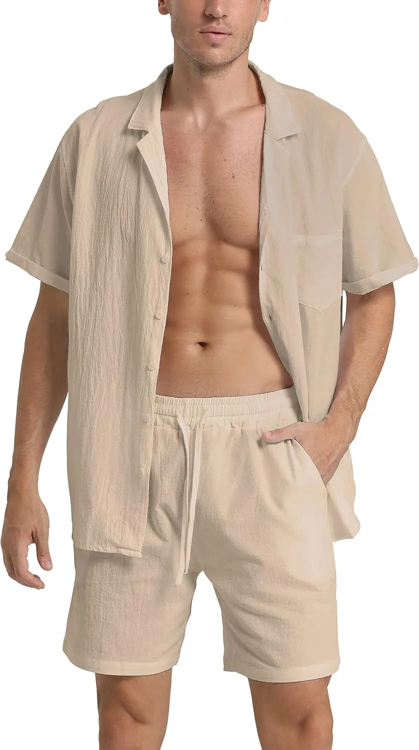RPOVIG Linen Shirt Short Outfits:Men's Beach 2 Pieces Casual Button-Down Sets