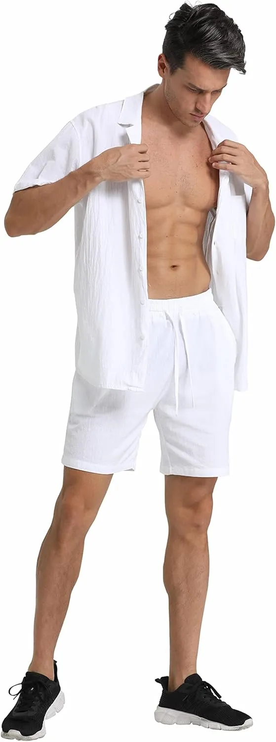 RPOVIG Linen Shirt Short Outfits:Men's Beach 2 Pieces Casual Button-Down Sets