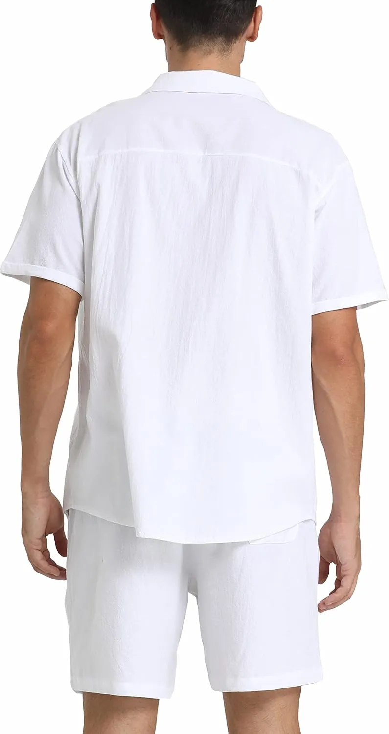 RPOVIG Linen Shirt Short Outfits:Men's Beach 2 Pieces Casual Button-Down Sets
