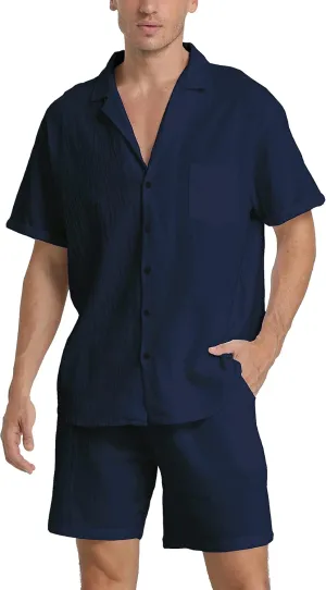RPOVIG Linen Shirt Short Outfits:Men's Beach 2 Pieces Casual Button-Down Sets