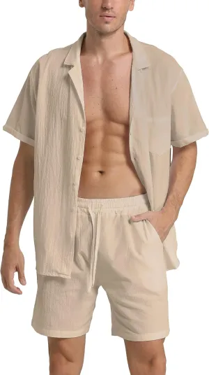 RPOVIG Linen Shirt Short Outfits:Men's Beach 2 Pieces Casual Button-Down Sets