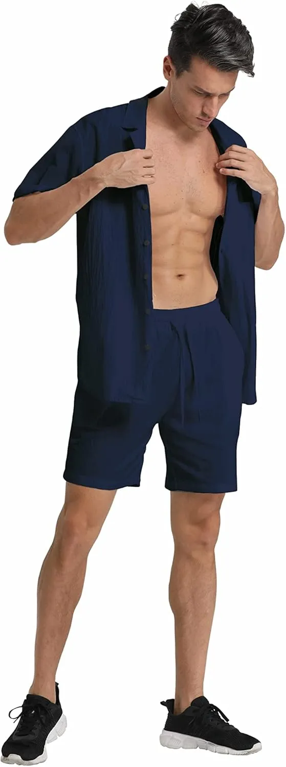 RPOVIG Linen Shirt Short Outfits:Men's Beach 2 Pieces Casual Button-Down Sets