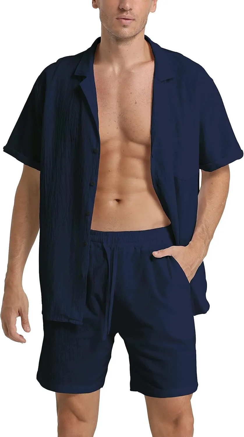 RPOVIG Linen Shirt Short Outfits:Men's Beach 2 Pieces Casual Button-Down Sets