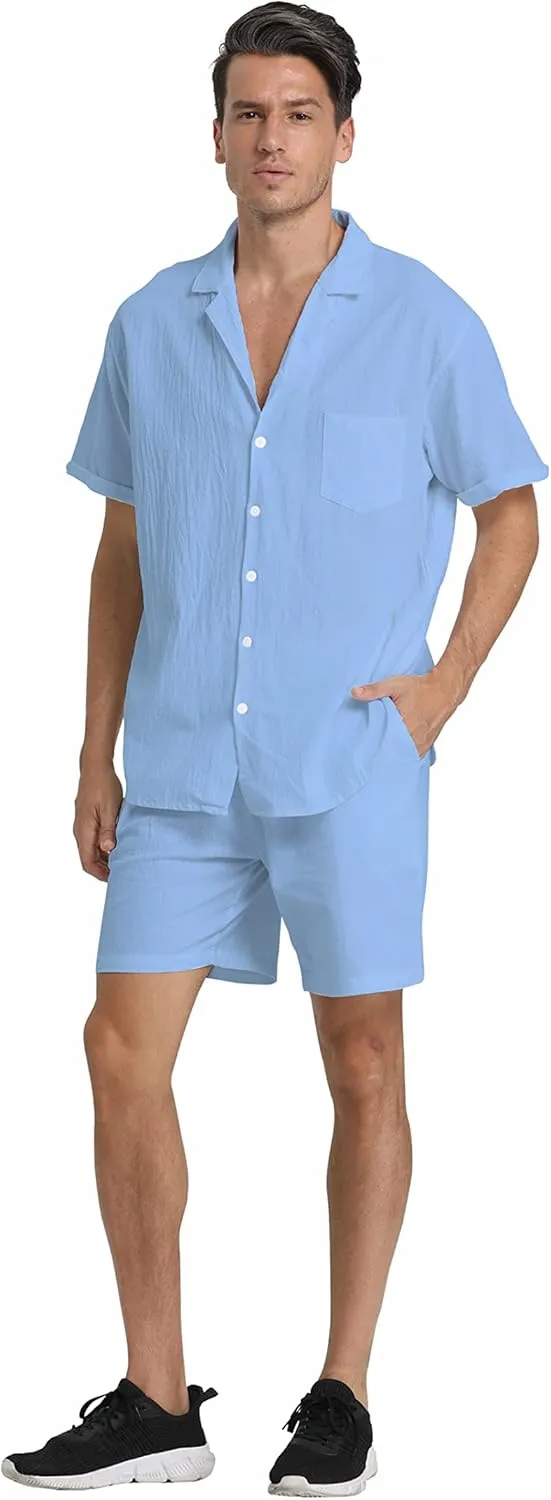 RPOVIG Linen Shirt Short Outfits:Men's Beach 2 Pieces Casual Button-Down Sets