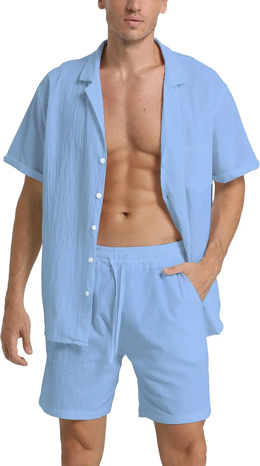 RPOVIG Linen Shirt Short Outfits:Men's Beach 2 Pieces Casual Button-Down Sets