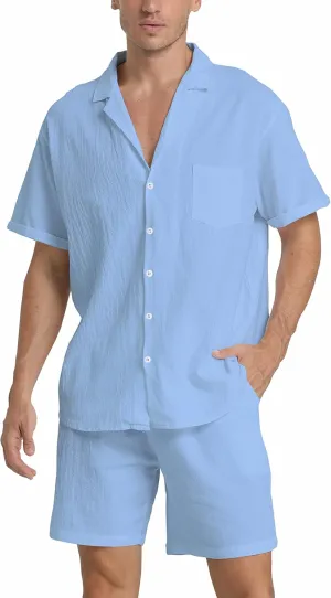 RPOVIG Linen Shirt Short Outfits:Men's Beach 2 Pieces Casual Button-Down Sets