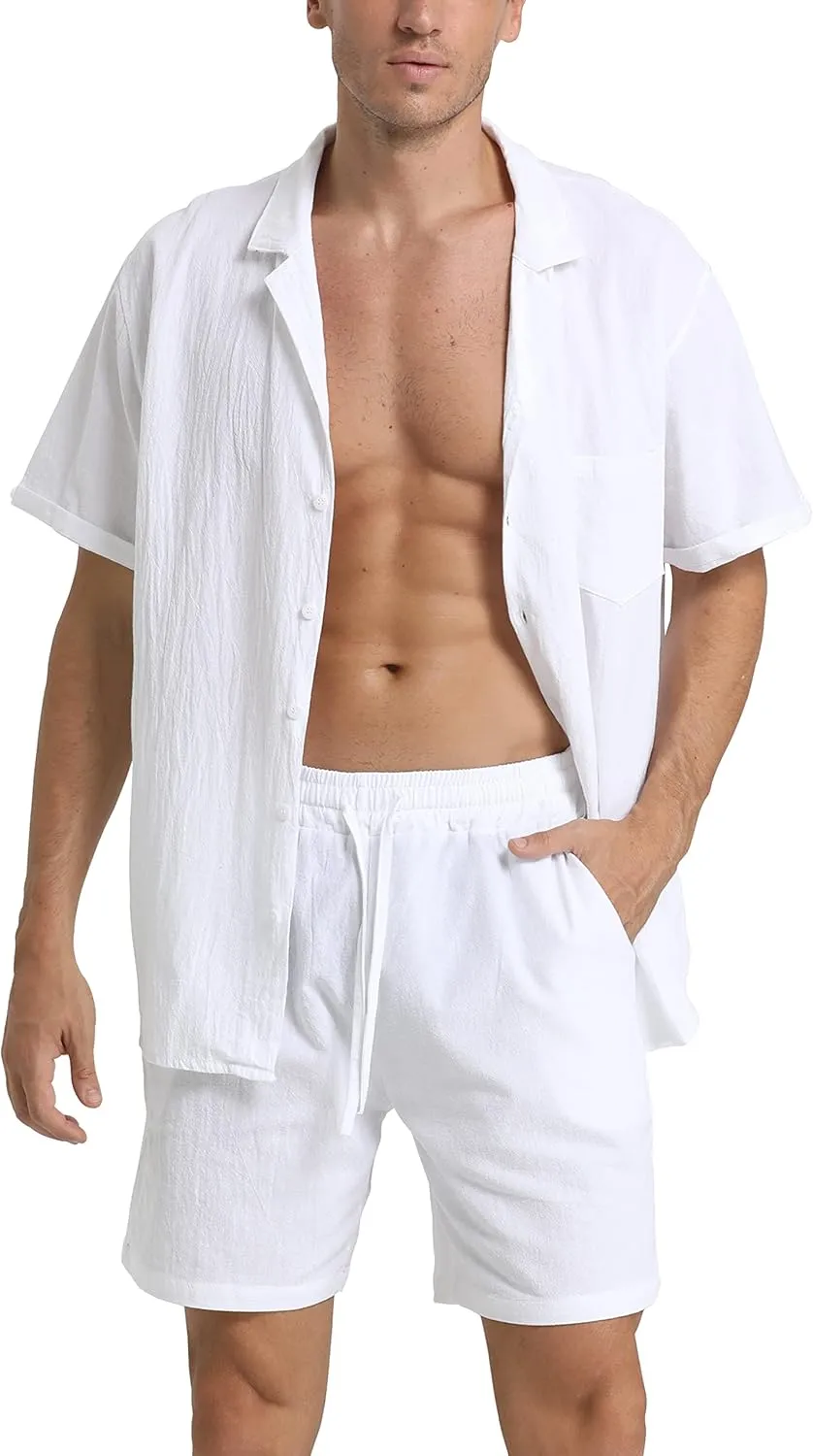RPOVIG Linen Shirt Short Outfits:Men's Beach 2 Pieces Casual Button-Down Sets