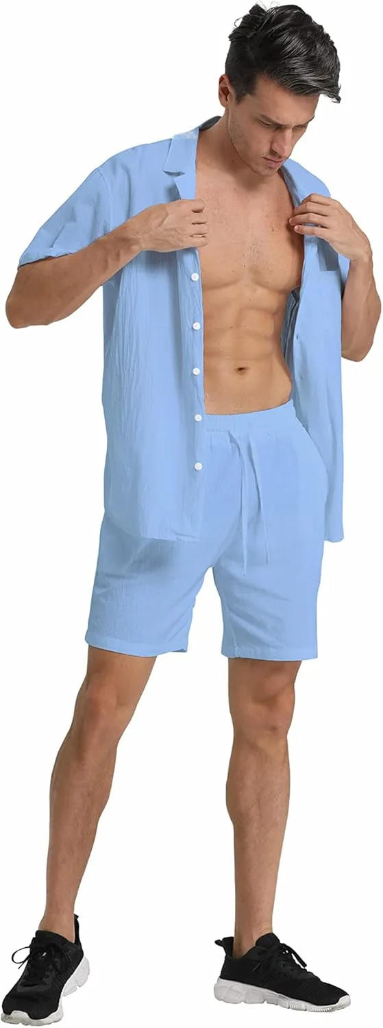 RPOVIG Linen Shirt Short Outfits:Men's Beach 2 Pieces Casual Button-Down Sets