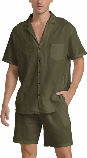 RPOVIG Linen Shirt Short Outfits:Men's Beach 2 Pieces Casual Button-Down Sets