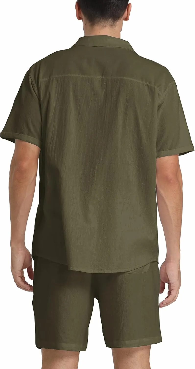 RPOVIG Linen Shirt Short Outfits:Men's Beach 2 Pieces Casual Button-Down Sets