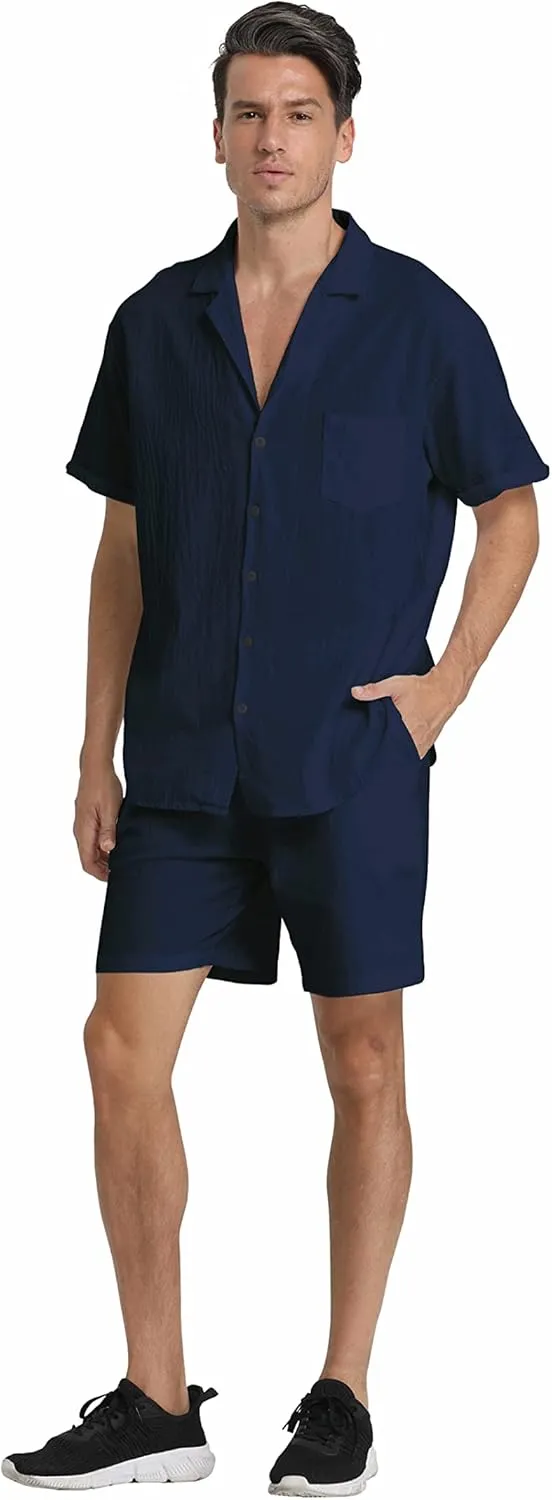 RPOVIG Linen Shirt Short Outfits:Men's Beach 2 Pieces Casual Button-Down Sets
