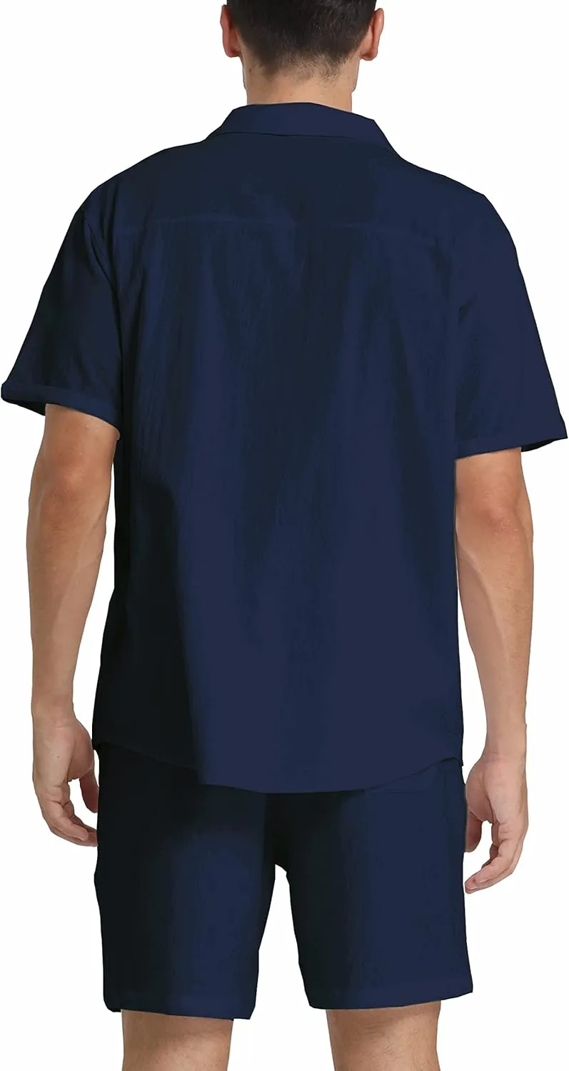 RPOVIG Linen Shirt Short Outfits:Men's Beach 2 Pieces Casual Button-Down Sets