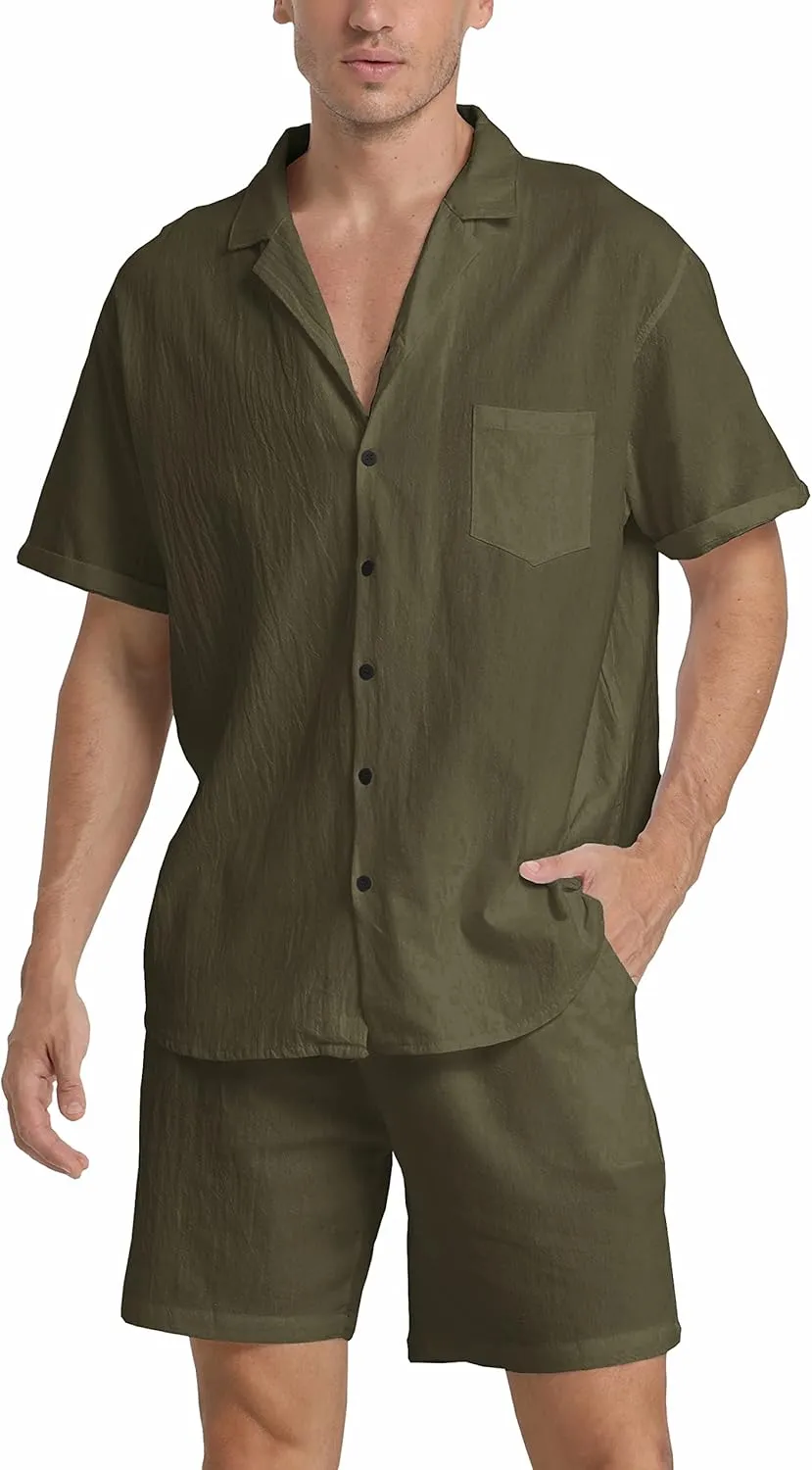 RPOVIG Linen Shirt Short Outfits:Men's Beach 2 Pieces Casual Button-Down Sets