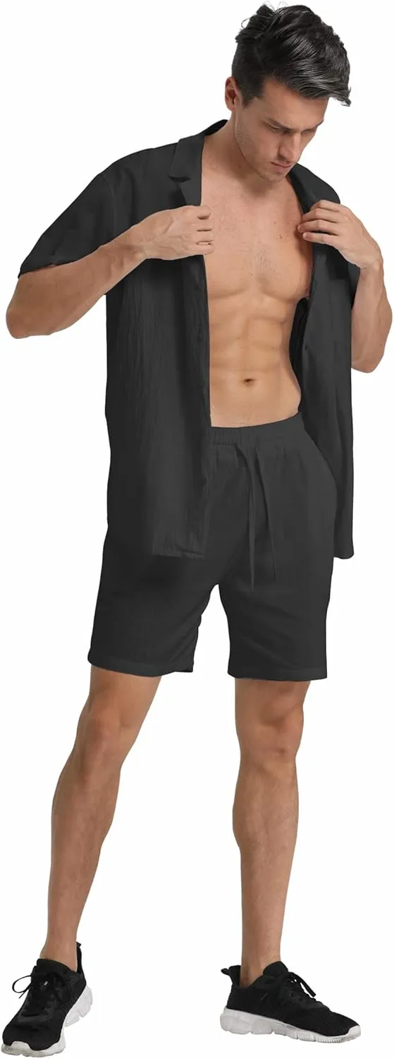RPOVIG Linen Shirt Short Outfits:Men's Beach 2 Pieces Casual Button-Down Sets