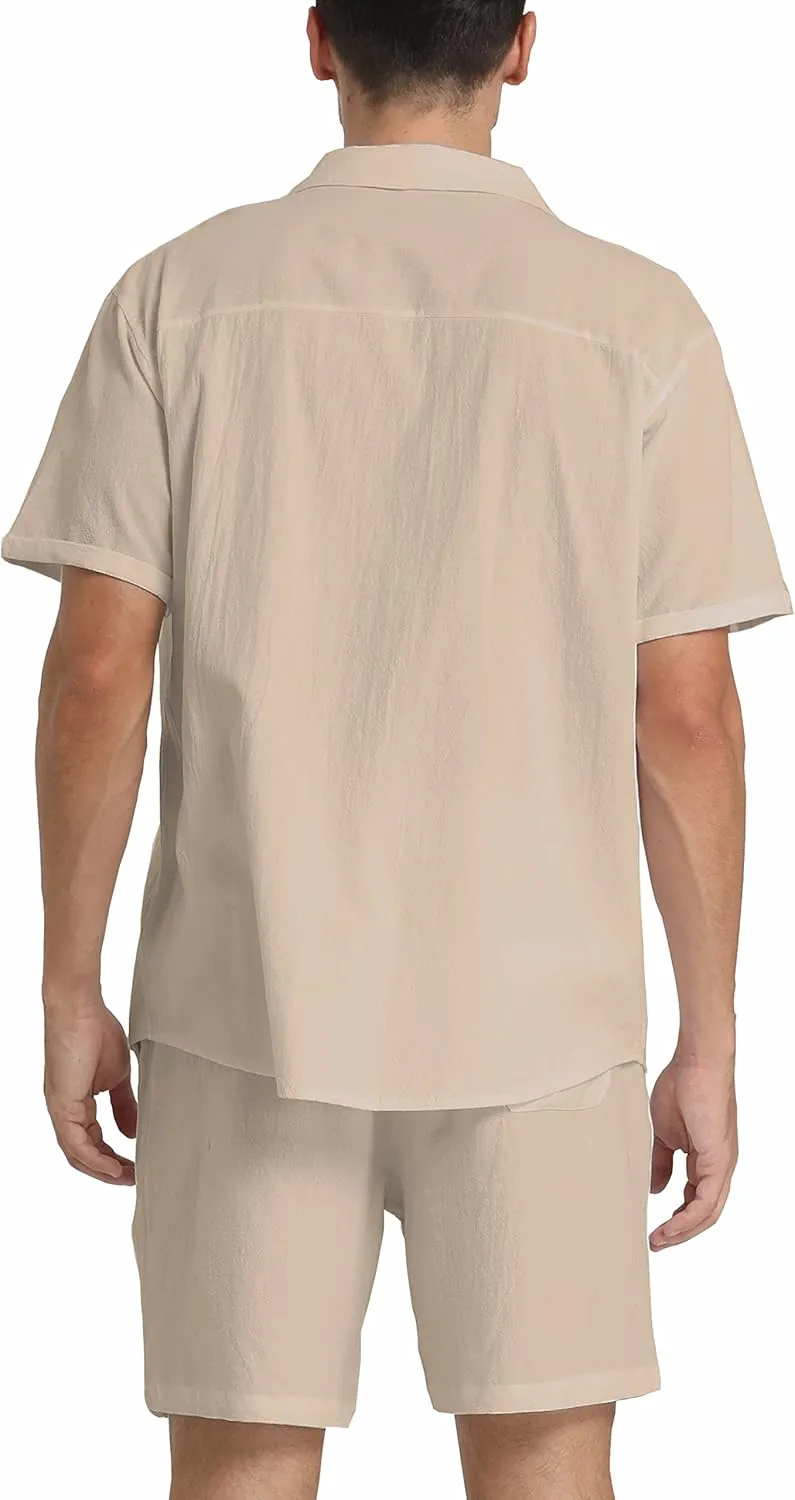 RPOVIG Linen Shirt Short Outfits:Men's Beach 2 Pieces Casual Button-Down Sets